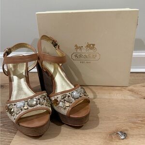 Coach Hanson Y2K Jeweled Platform Wedge Sandals in tan and gold canvas size 7.5